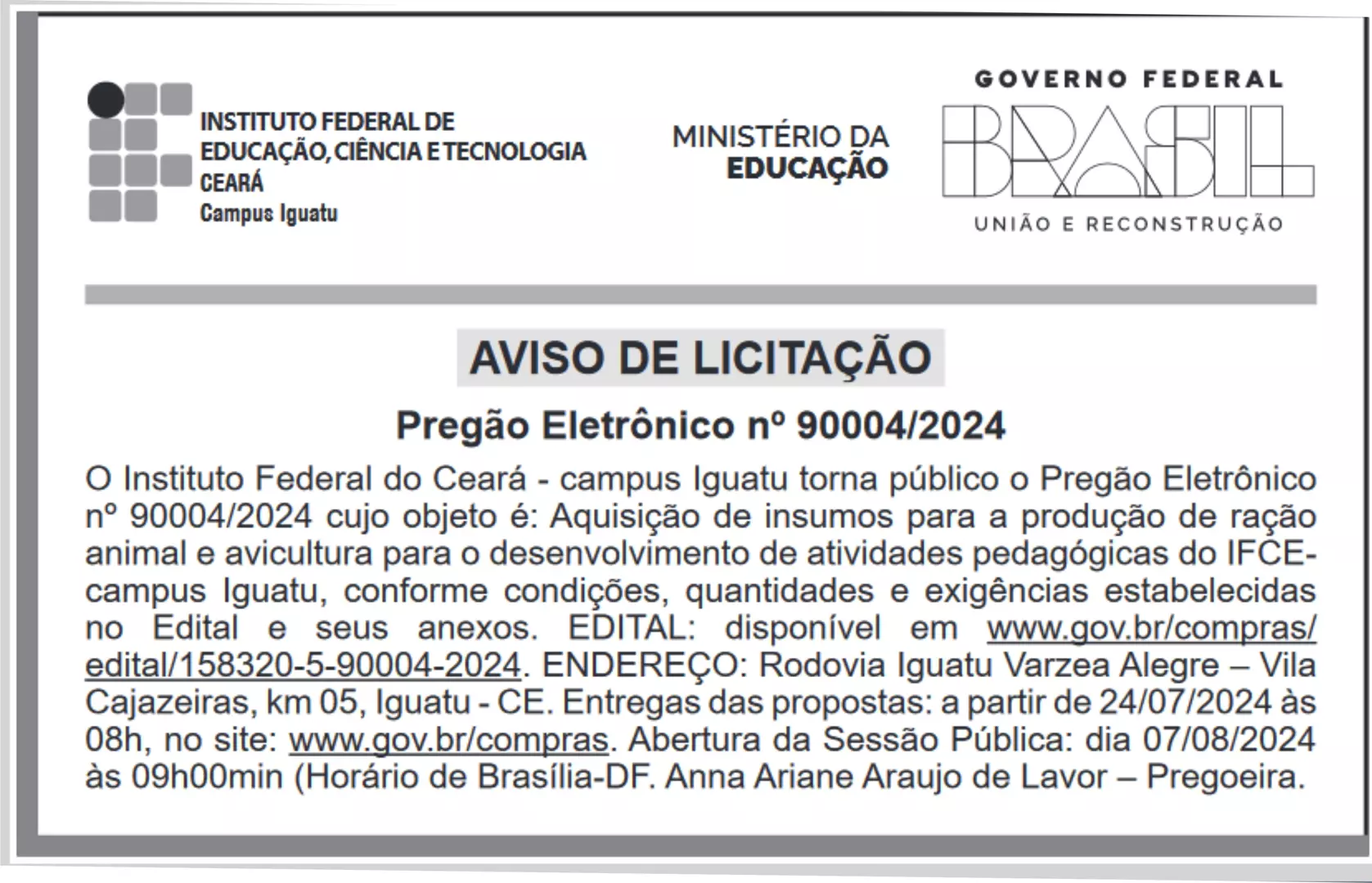 Aviso de Licitação